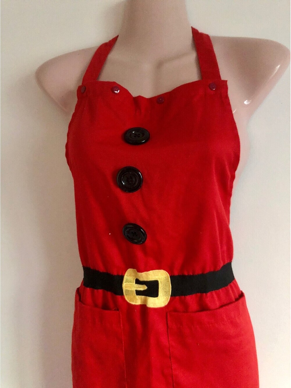 Mrs Claus Santa Apron Red Black Buttons Gold Belt Pockets ARCO Costume Christmas - Picture 3 of 7